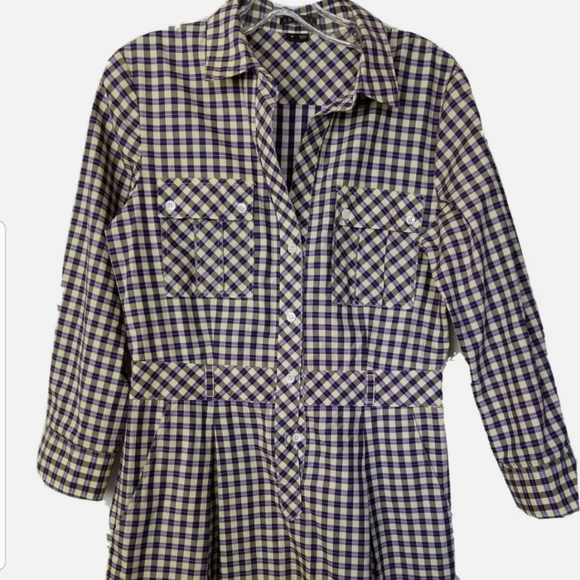 Theory Lidiya Purple Yellow Check Cotton Long Sleeve Shirt Dress Size 6 - Picture 6 of 14